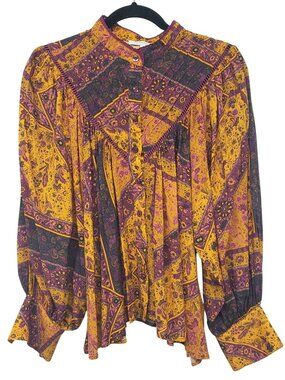 Oliveaceous Yellow Purple Long Sleeve Floral Paisley Cottage Core Blouse Boho